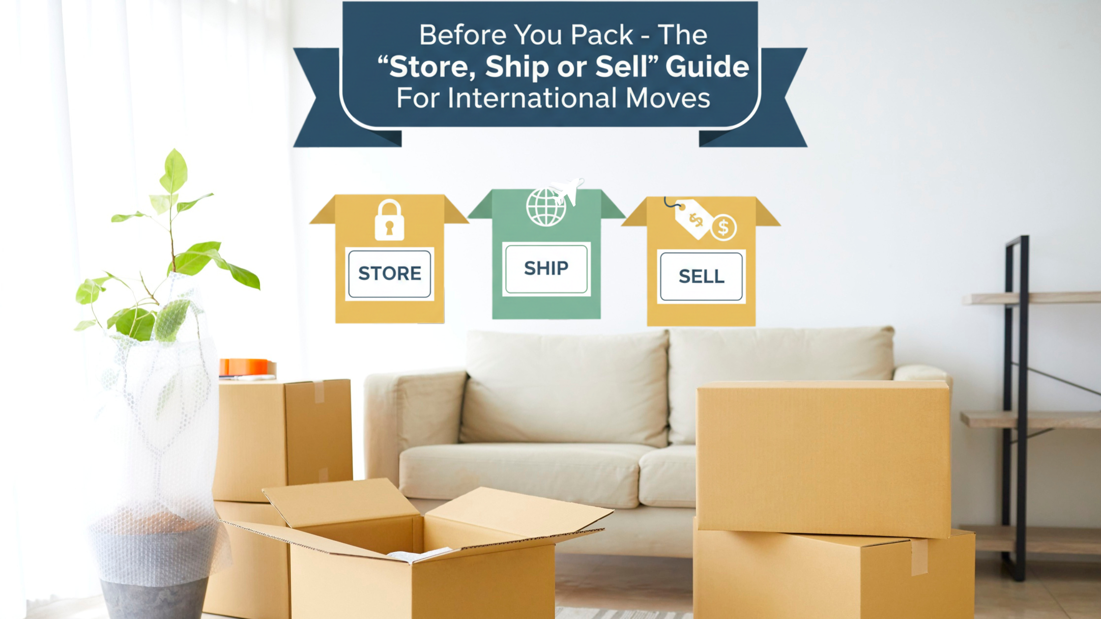 Illustration showing international move, with packed boxes in a living room